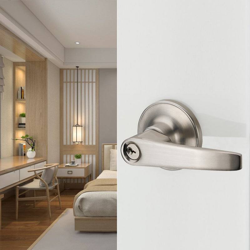 1 Pack of MANREN Lever Keyed Entry Door Lever Handle Lock, Universal Door Knob Hardware,Nickel Brushed Color (MR802ET) 1 Pack Entrance Nickel Brushed