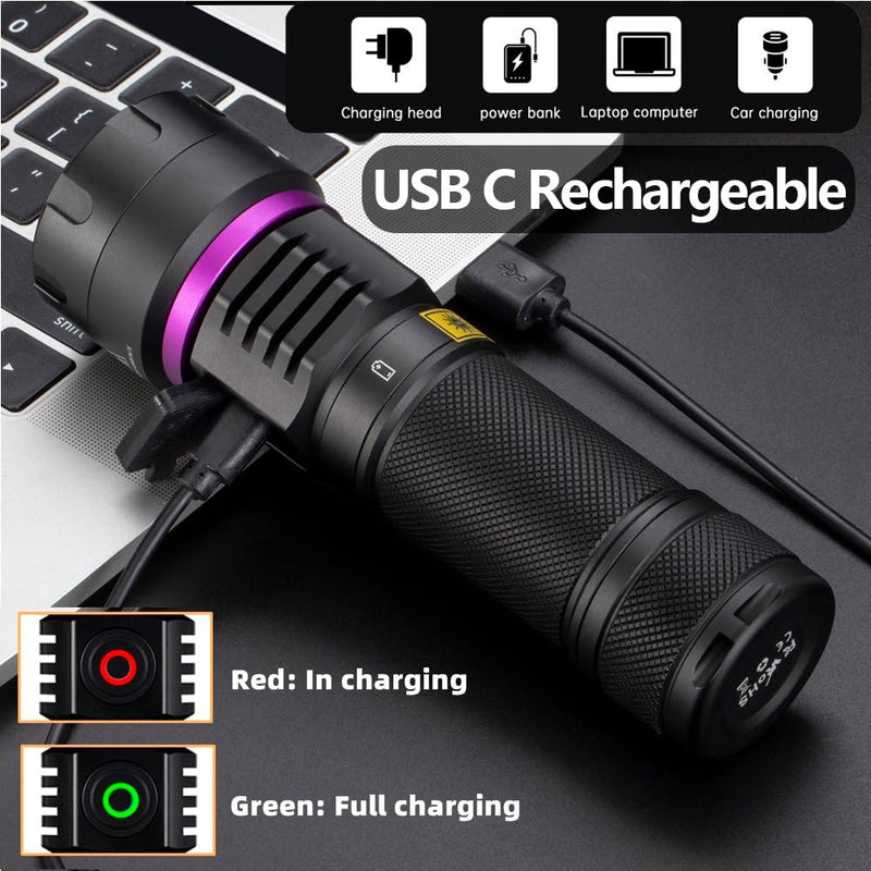 ALONEFIRE SV116 365nm UV Flashlight 60W Powerful Blacklight USB C Rechargeable Black Light for Pet Urine Detector, Scorpion, Resin, Bed Bug, Fishing with UV Protective Glasses, Rechargeable Battery