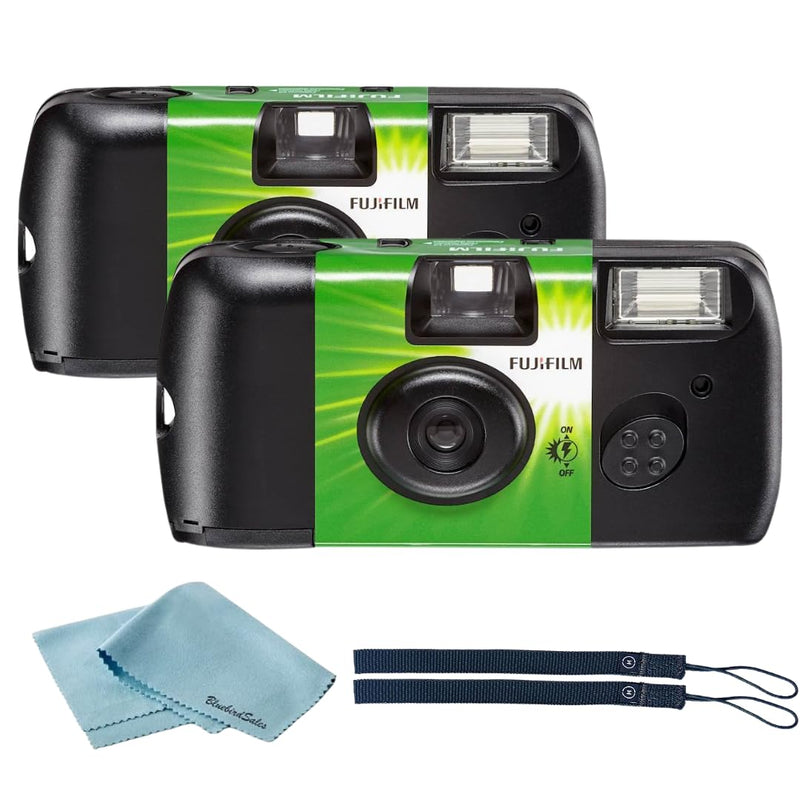 Fujifilm QuickSnap Flash 400 Disposable 35mm Camera • 2 Pack • 2 Hand Straps • BluebirdSales Microfiber Cleaning Cloth