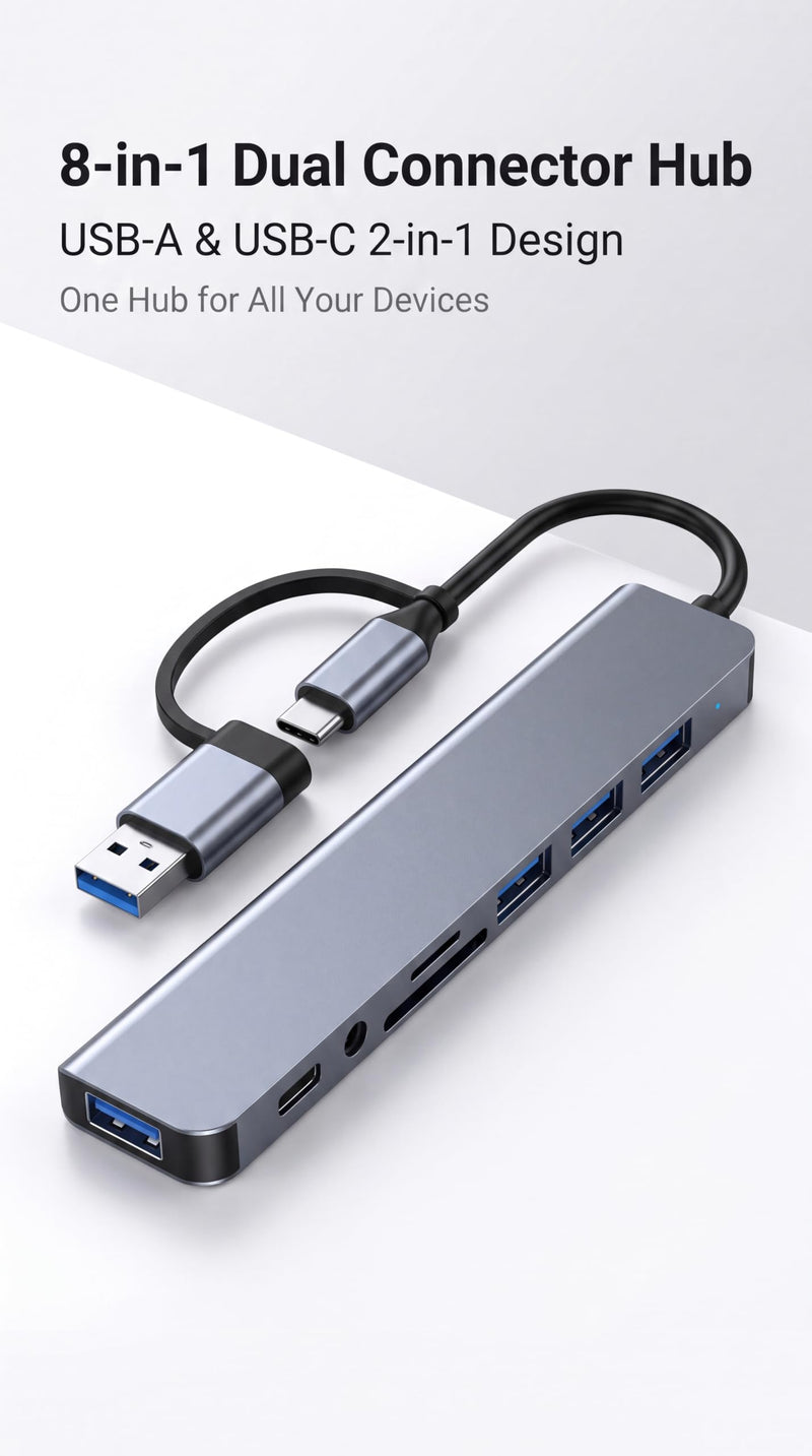 Eanetf 8-in-1 USB C Hub 2-in-1 Connector 4 USB A for Laptop Mac | 2-in-1 USB-A/USB-C connector, 1x USB 3.0 + 3x USB 2.0 + USB-C data, SD/TF dual card slots, 3.5mm audio jack, Plug and play
