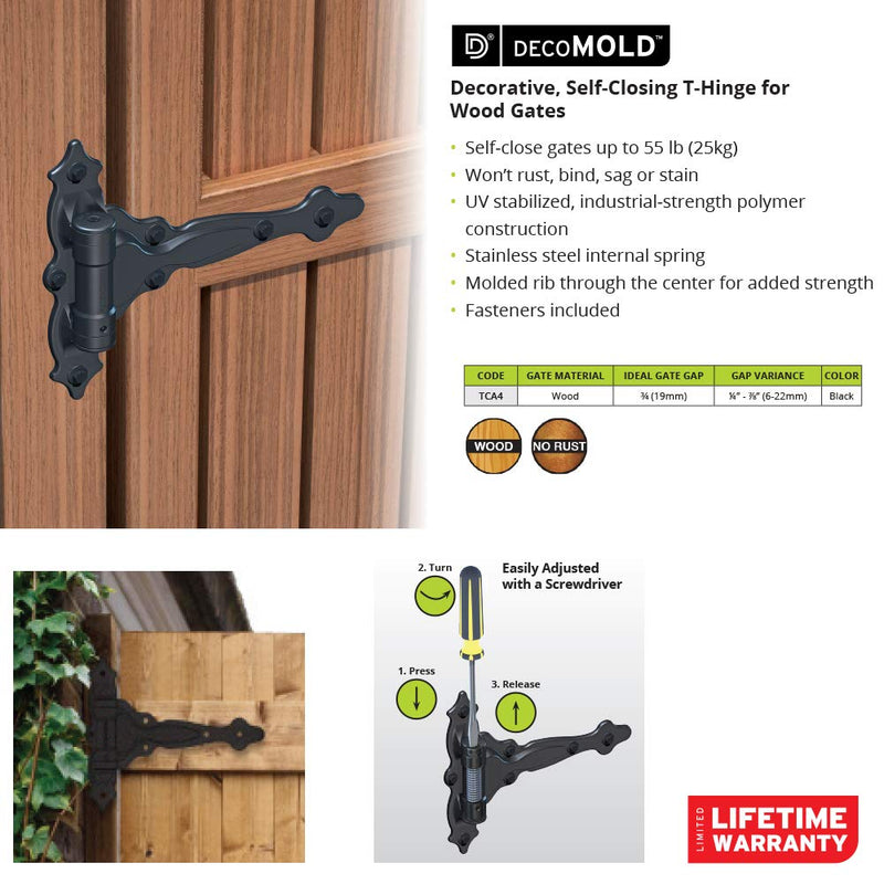 D&D Technologies TCA4S TruClose Decorative Regular Duty Gate Hinges, for Self Closing Wood Gates up to 55 Pounds, Black, 2 Count