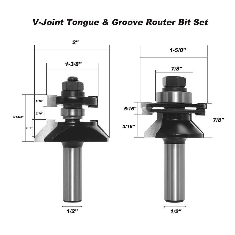 2pcs V-Joint Tongue & Groove Bit Set 1/2 Shank, Carbide Tip, Cabinet Door Rail and Stile Bevel Shaker Cutters, for Woodworking Making Door & Windows Frame 1/2 Shank-A