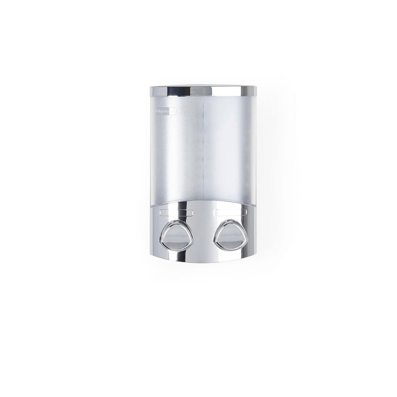 Better Living EURO Shower Dispenser Wall Mount Shower Soap Dispenser for Bathroom Hotel Body Wash, Corner or Flat Wall Shower Shampoo Dispenser, Built-in Hooks, 2 x 10.5 oz, Chrome, 2-Chamber