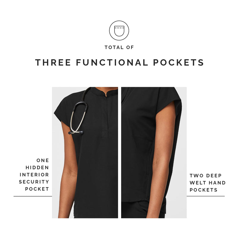 FIGS Rafaela Oversized Scrub Top for Women — Mandarin Collar, Shirttail Hem, 3 Pockets, 4-Way Stretch Small Black 3.0
