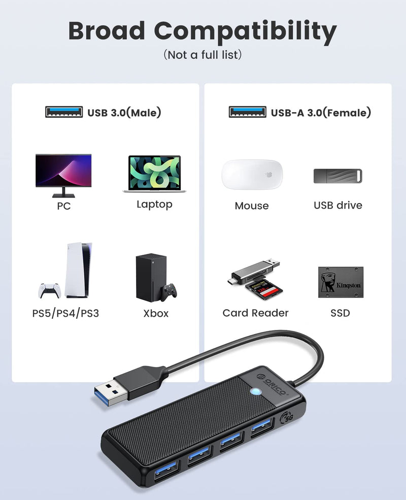 ORICO USB 3.0 Hub, 4-Port USB Hub, Ultra Slim USB Splitter for Laptop for MacBook, Mac Pro, iMac, Surface Pro,XPS, PS5, PC, Flash Drive, Mobile HDD(Black/0.5ft) 0.5FT Black/USB-A