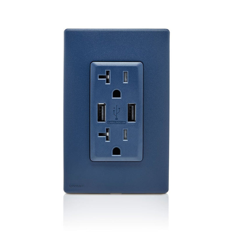 Leviton Renu USB Charger/Tamper-Resistant Duplex Outlet, 20A-125VAC, RUAA2-RN, Rich Navy