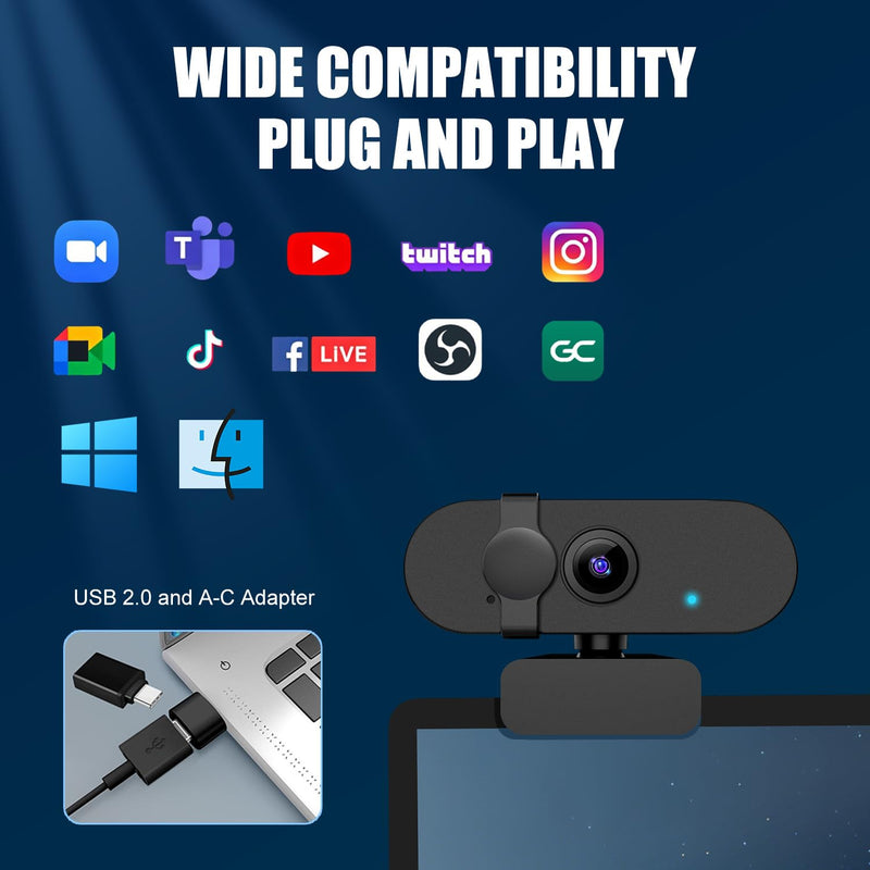 1080P 30FPS Webcam for PC, Auto Light Correction, Fixed Focus | Built-in Mic, Privacy Cover, 90° Wide-Angle Lens, A-to-C Adapter, Plug&Play for Zoom, Microsoft Teams, Video Conferencing