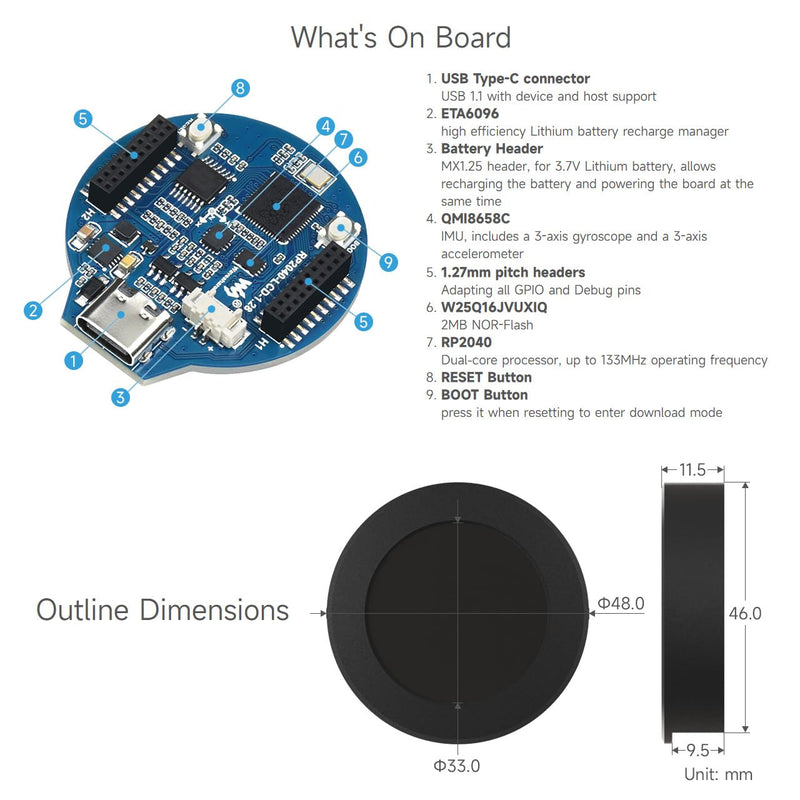 Waveshare RP2040 MCU Board, with 1.28inch Round LCD, Accelerometer and Gyroscope Sensor, with CNC Metal Case