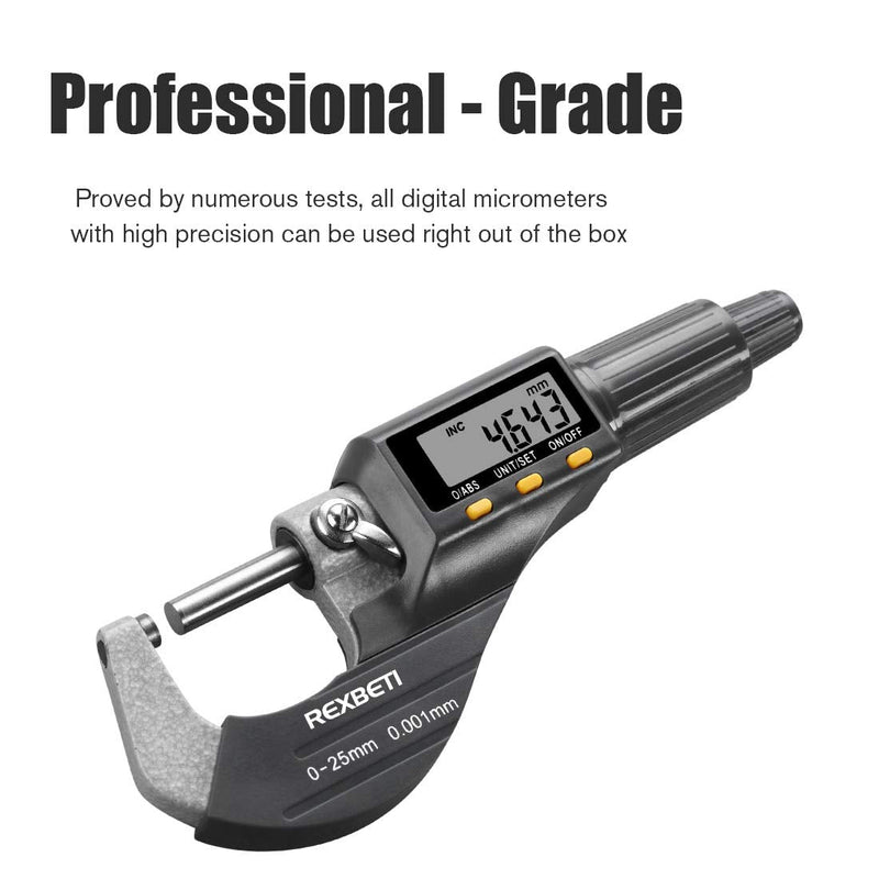 REXBETI Digital Micrometer, Professional Inch/Metric Measuring Tools 0.00005"/0.001 mm Resolution Thickness Gauge, Protective Case with Extra Battery 0-1" Digital Micrometer
