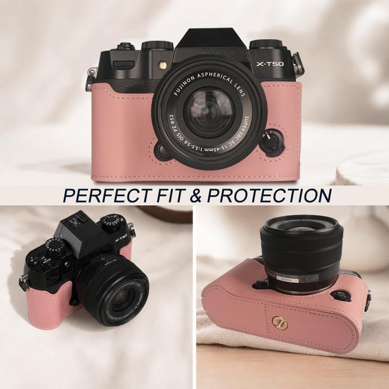 Bowan X-T50 Camera Case, Handmade Genuine Real Leather Half Camera Case Bag Cover for Fujifilm X-T50 Camera Bottom Opening Version + Hand Strap (Pink) Pink