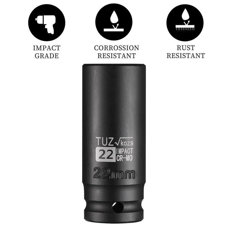 1/2-Inch Drive 22mm Deep Impact Socket with 6-Point Design, Heat-Treated Chrome Molybdenum Alloy Steel, Metric, Hex Deep Socket 1/2” Drive 22mm Deep 1/2” Drive Deep Socket