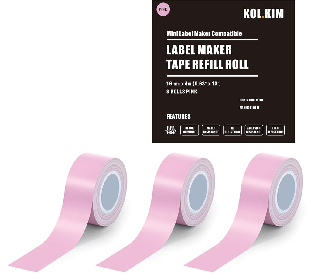 3 Rolls 0.63" x 13' Waterproof Laminated Label Tape for Make ID Label Tape Refill, for Makeid Label Tape Refill MakeID Label Makers L1 Q1 Refills Replacement Wire Labels 16mm x 4m (Pink) Pink