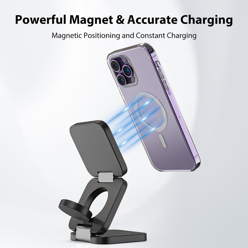 X55 Fast Wireless Charger, Magnetic Foldable 3 in 1 Charging Station for iPhone 15/14/13/12/Pro/Plus/Pro Max, 5W Portable Charger for Apple Watch9/8/7/6/5/4/3/2/SE, for Airpods3/2/Pro-Black Black