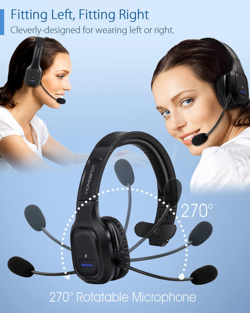 JM100 Trucker Bluetooth Headset with AI Noise Canceling, Wireless Headset with Rotatable Microphone and Big Mute Button, 34 Hrs Talk Time for Trucking, Home Office, Call Center
