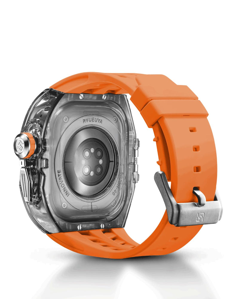 Rugged Case with Band for Apple Watch Series 10/11 46mm, Heavy Duty Case with Black Silicone Sport Strap, Shockproof Translucent Nylon Bumper Cover for iWatch, Clear/Orange