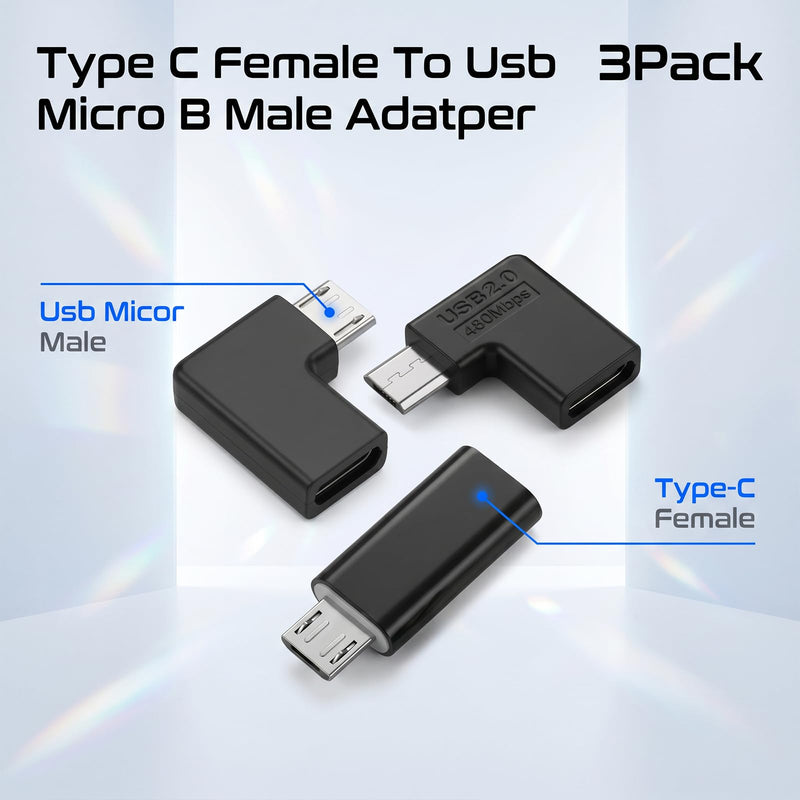 SynHHergyx USB C to Micro USB Adapter 3 Pack USBC to USB Micro Adapter USB-C Type-C Female to USB 2.0 5Pin Male Data Adapters 90 Degree Left & Right Angled Type