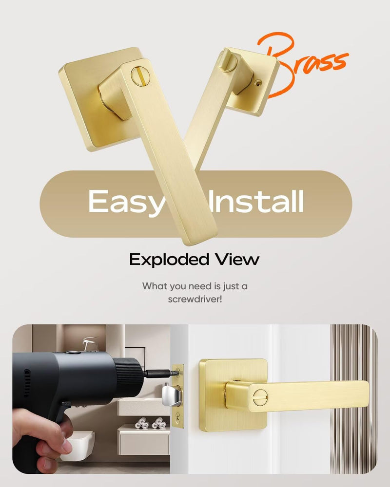 Leydebong 1 Pack Gold Door Knobs with Lock, Heavy Duty Interior Privacy Door Handle for Bed/Bathroom, Reversible Flat Levers with Square Rosette Privacy Lock (Keyless)Bedroom/bathroom
