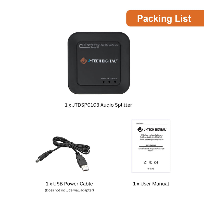 J-Tech Digital Optical Splitter 1 in 3 Out for TV, Toslink Splitter 1x3 SPDIF Audio Splitter 1:1 Transmission Support LPCM2.0, DTS, Dolby Digital Optical Splitter 1X3