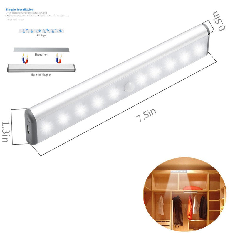 Stick-on Anywhere Portable Little Light Wireless LED Under Cabinet Lights 10-LED Motion Sensor Activated Night Light Build In Rechargeable Battery Magnetic Tap Lights for Closet, Cabinet (3PACK) White Light-Silver 7.5-10LED-3PACK