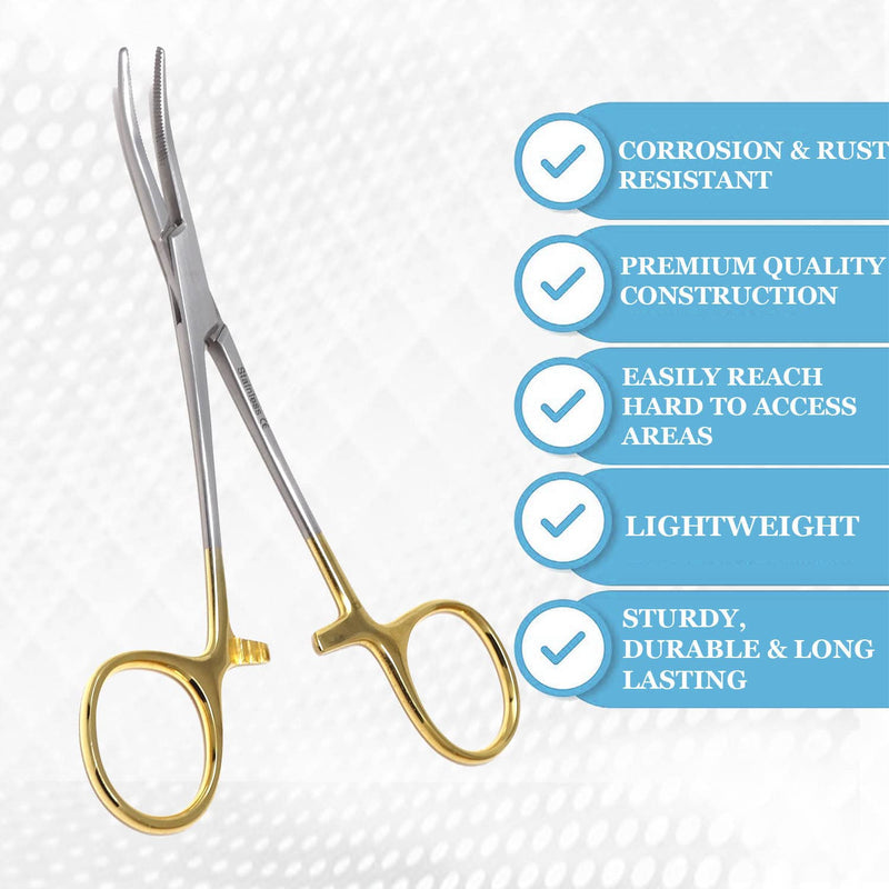 Kelly Hemostat Forceps 5.5" Curved Clamps with Half Serrated Jaws Ideal for EMT, Firefighter, Nurses, Dental, hobby, Fishing Electronics, Pruning + More Stainless Steel (Gold Handle) Gold Handle