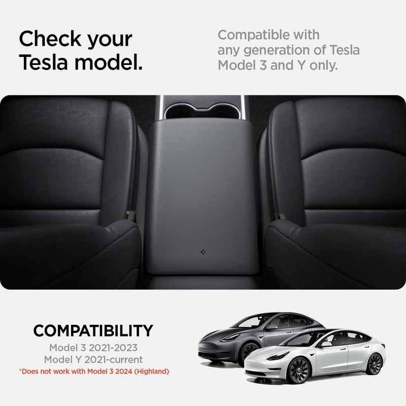 Spigen Center Console Non-Slip Armrest Cover Designed for Tesla Model 3/Y 2023/2022 with EZ Snap On Instant Install [Not Compatible with Model 3 2024 Refresh] Black