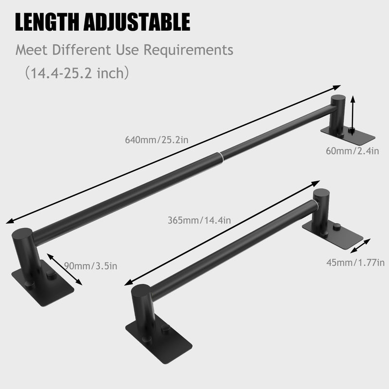 Towel Bar, 14inch to 25inch Adjustable Towel Holder Rod, Self Adhesive Wall Mounted Hand or Body Towel Rack for Bathroom Kitchen, Stainless Steel Organizer Single Bar (Matte Black, 2 Pack) Standard Length–black