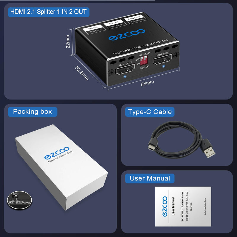 HDMI 2.1 Splitter 4K 120Hz 8K 60Hz 1 in2 out VRR ALLM HDCP2.3 HDR10 8KUHD Dolby Vision Atmos Scaler 4K EDID 1080P Dual Monitors HDMI 2.1 Splitter 1X2 for PS5 SkyQ Xbox NVIDIA AMD