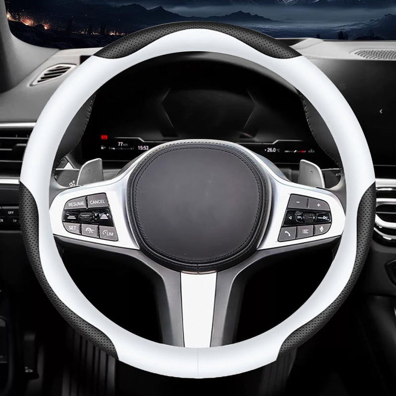  [AUSTRALIA] - Carodi Leather Car Steering Wheel Cover, Elegant, Fashionable, Comfortable, Non-Slip, Breathable, Universal 15 inch, Black and White