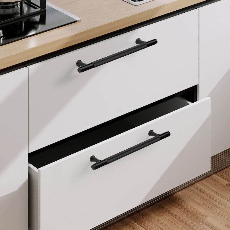 9BUILD 10 Pack 7 Inch Knurled Cabinet Pulls Matte Black Kitchen Cabinet Handles Cabinet Hardware Black Handles for Cabinets Cupboard Handles T Bar Handles 7"/177MM Hole Center