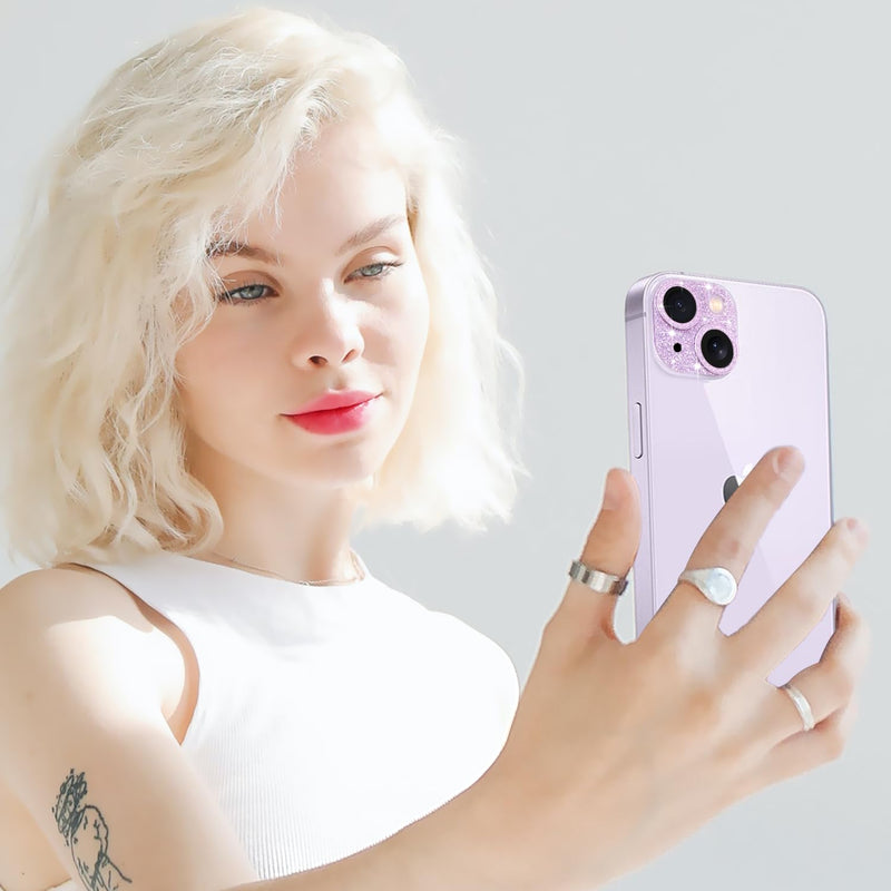 for iPhone 14 and iPhone 14 Plus Camera Lens Protector, Bling Lens Cover 3D Rhinestone Diamond 9H Tempered Glass Camera Cover Anti Scratch Shockproof Lens Screen Full Protective Cover - Pink