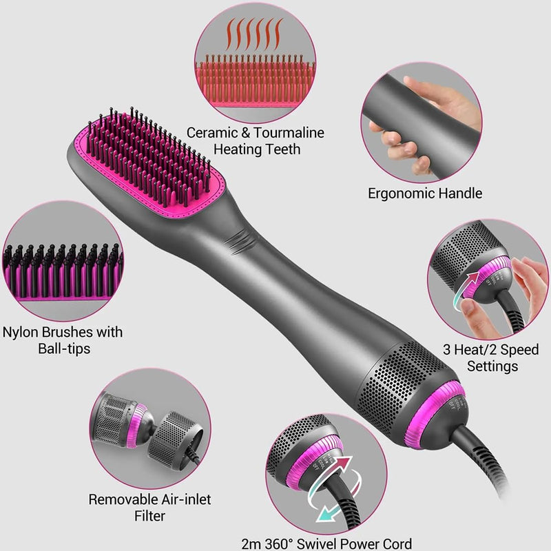 Hair Dryer Brush Straightener Brush 3 in 1 Hot Air Stylers 1200W Powerful Hair Comb Blow Dryer Brush 3-Speed Temperature Adjustment(Ash Pink,British Standard) British standard Ash Pink