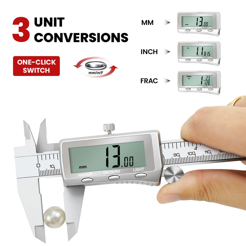 Digital Caliper 6 Inch, Rechargeable Calipers with Backlight LCD Screen, Stainless Steel Caliper Measuring Tool, Auto-Off Micrometer, Inch/MM/Fraction Conversion for 3D-Printing/DIY/Household 6In