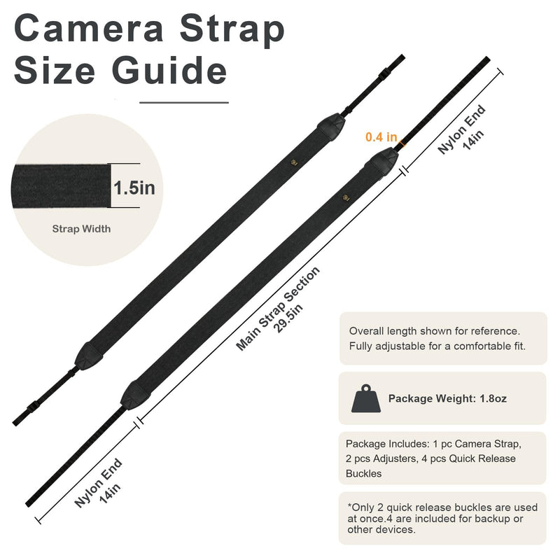 Camera Strap, Adjustable Neck & Shoulder Strap with Quick Release Buckles | Comfortable Cotton-Feel Black Herringbone Strap with 4 Quick Release Buckles, DSLR, Mirrorless Camera & Camcorder Compatible