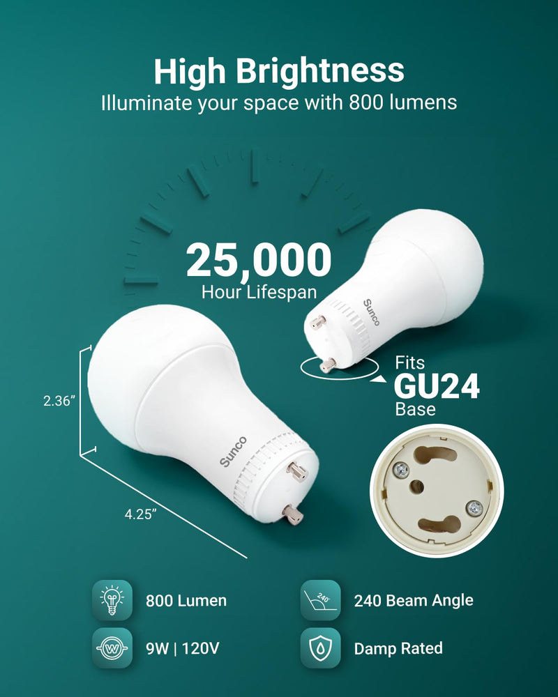 Sunco 10 Pack GU24 LED Bulb A19, 2 Prong Light Bulbs, 800 LM, 9W (60W Equivalent), 2700K Soft White, Dimmable, Twist & Lock GU24 Pin Base, CRI91, Instant On UL White 27k