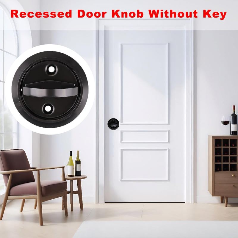 Flat Door Knob, Flush Mount Low Profile Door Knob, Stainless Steel Round Recessed Door Knob, Hidden Cup Door Knob, Pocket Door Knob Without Keys for Space Saving(Black)