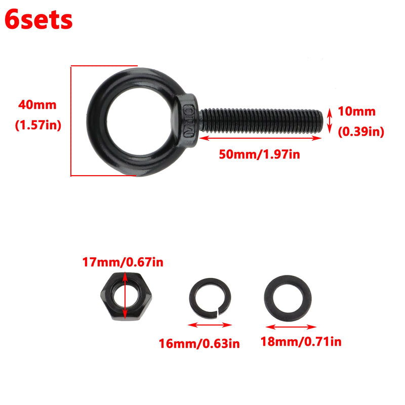 Antrader Lifting Shoulder Eye Bolts, M10 Stainless Steel Machinery Shoulder Lifting Eye Bolt with Lock Nuts,Lock Washers,Flat Washers,M10 x 50mm,Black,6 Sets M10 x 50mm