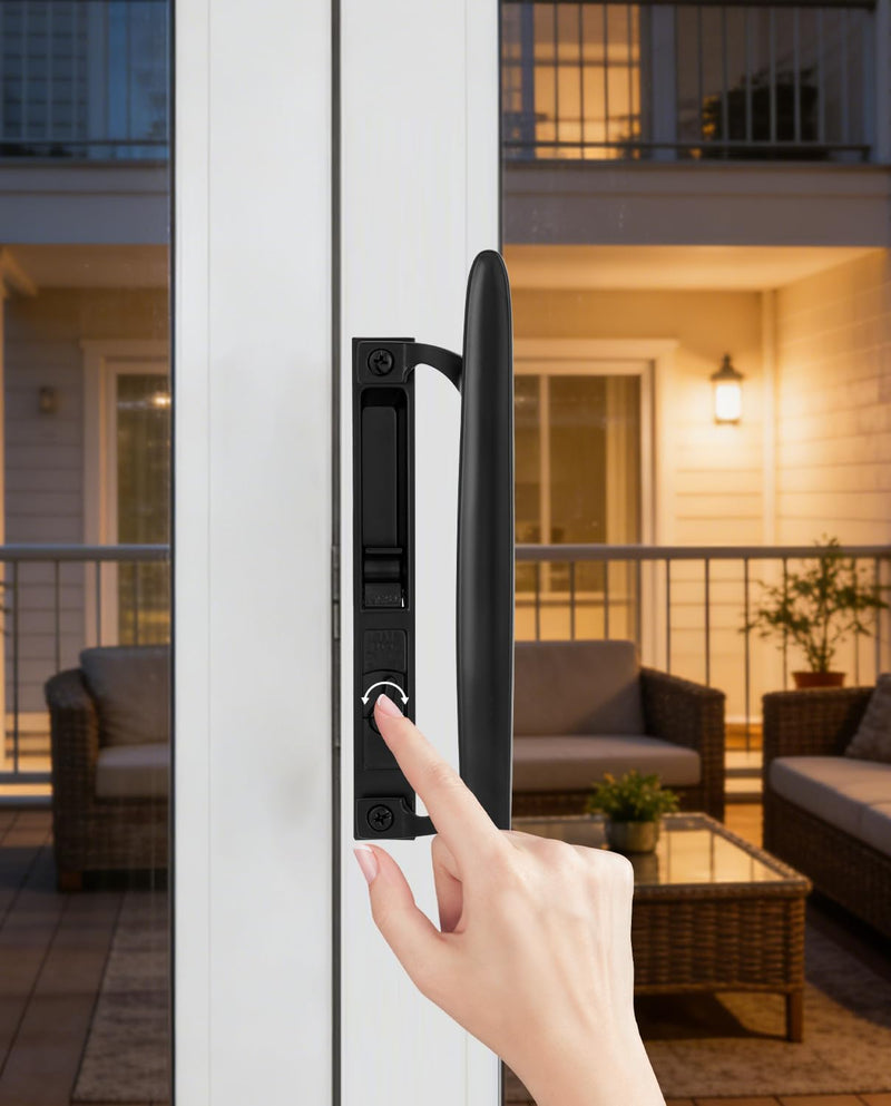 Patio Glass Door Replacement Handle Set with Lock, 6-5/8" H.C., Fits 1" to 1-1/8" Sliding Thick Doors, Keyed Black Diecast Reversible Design Keys