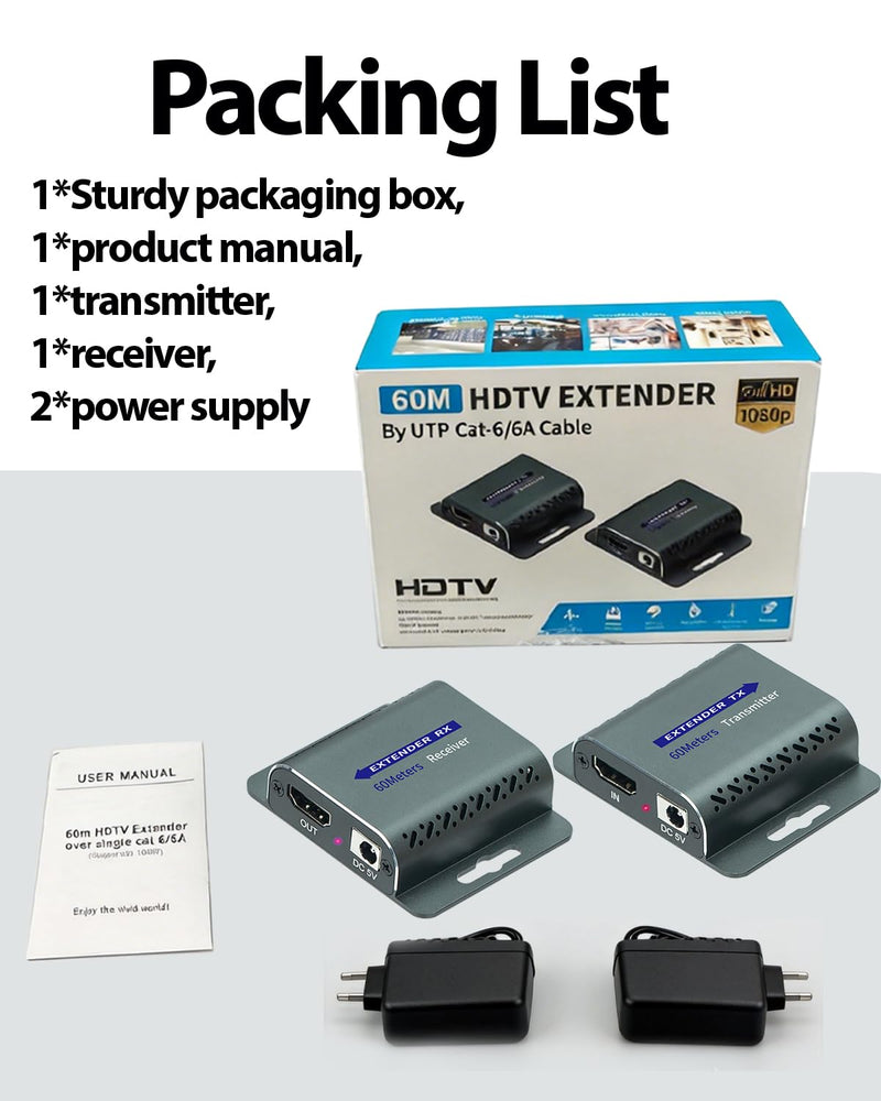 HDMI Extender Over CAT5e/6,HDMI Over Ethernet,HD MI Over cat6 with 200 FT for 1080@60Hz,RJ45 to HD Converter Plug & Play with 5V Power Adapter