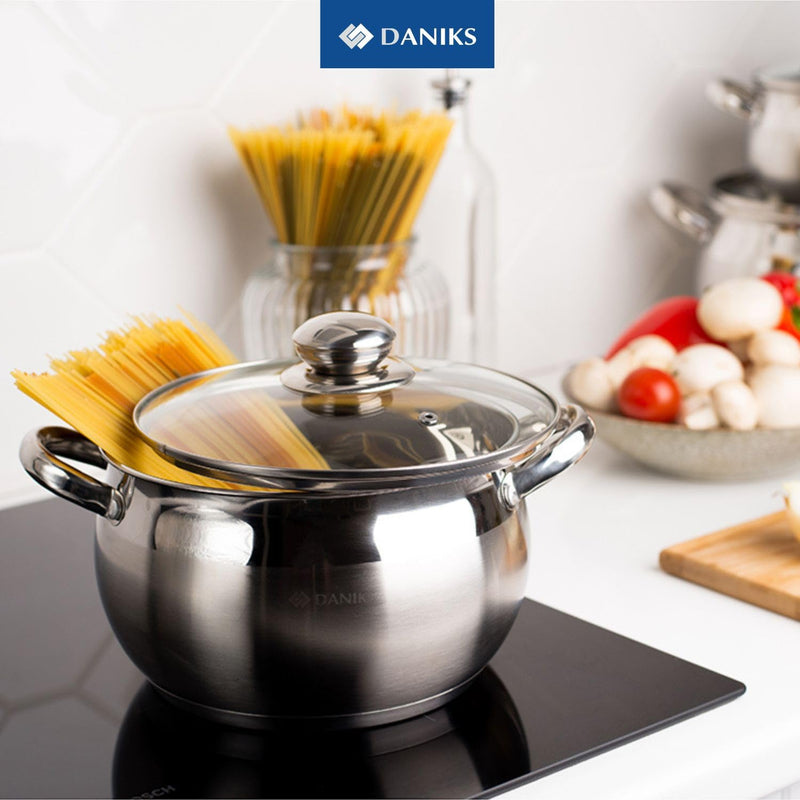 Daniks Classic 2 Quart Stainless Steel Stock Pot with Glass Lid, Tri-Ply Bottom for Even Heating, Induction Compatible, Dishwasher Safe 2 QT