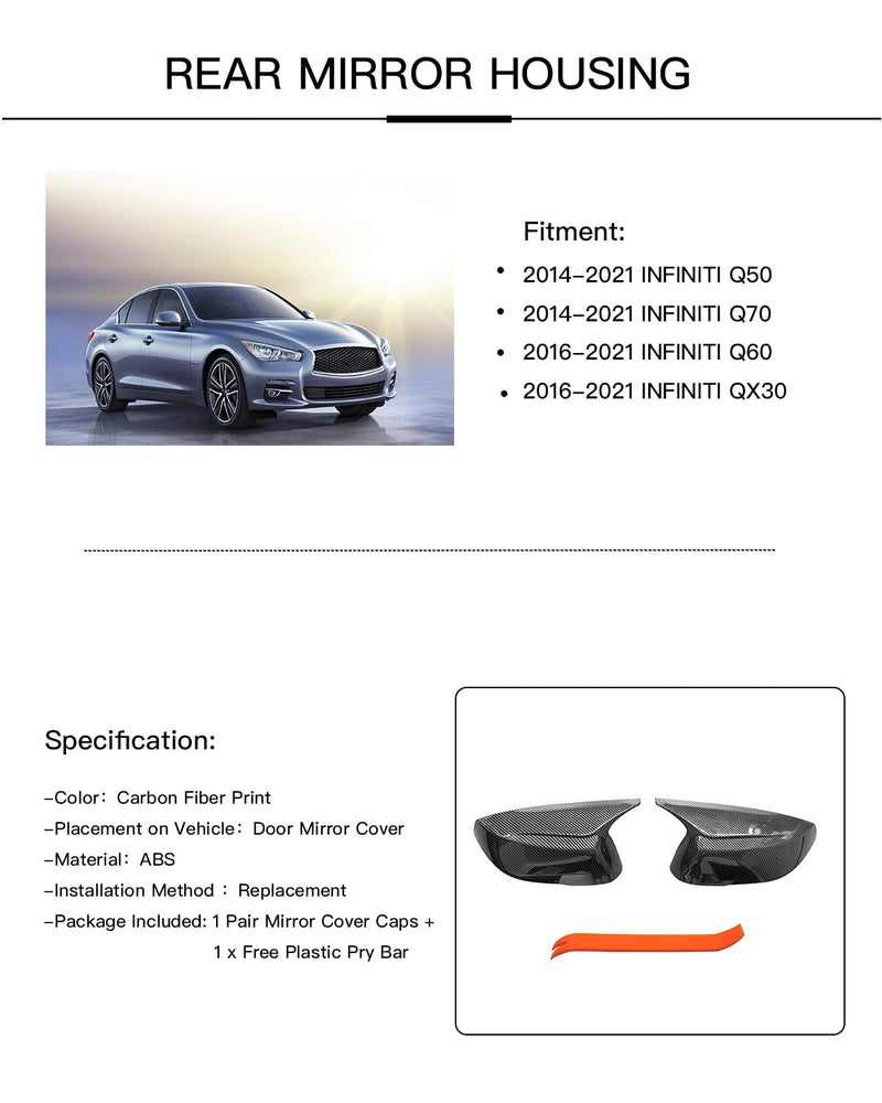 Horn Style Carbon Fiber Door Mirror Cover Cap Compatible with 2014-2020 Infiniti Q50 Q60 Q70 QX30