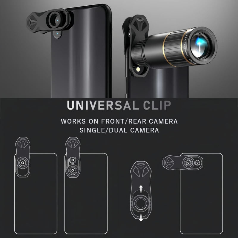 Lens Set for iPhone & Android –22X Telephoto Lens, 0.67X Wide Angle+25X Micro Lens(2-in-1), 205 ° fisheye Lens, Universal Clip, Eyepiece & Carrying Case for Wildlife, Sports & Travel