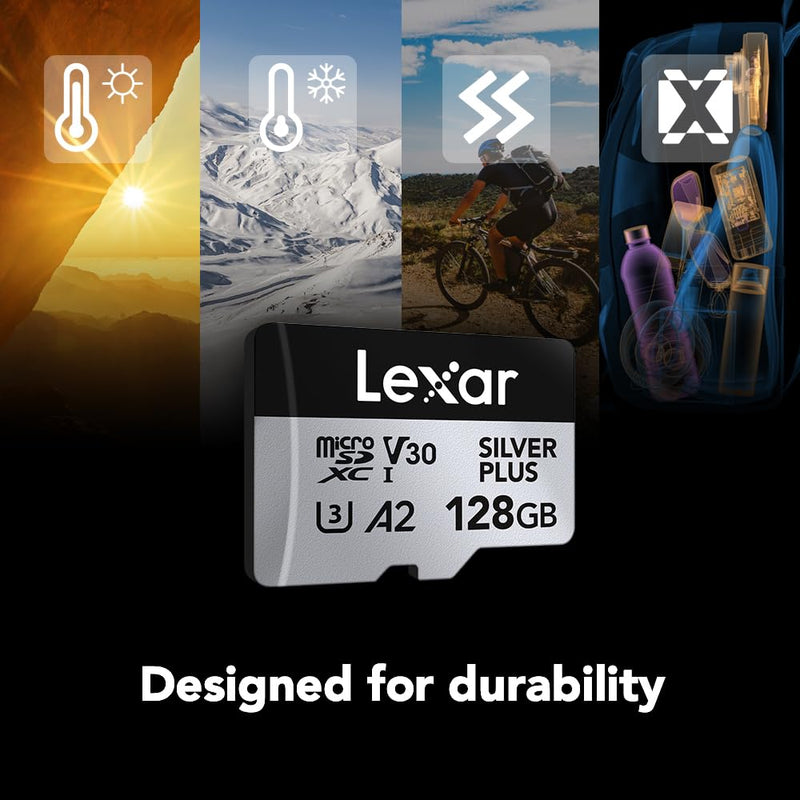 Lexar 128GB Professional Silver Plus microSDXC Memory Card w/SD Adapter, UHS-I, C10, U3, V30, Full-HD & 4K Video, Up to 205/150 MB/s Read/Write, for Videographers, Gamers (LMSSIPL128G-BNANU) Single