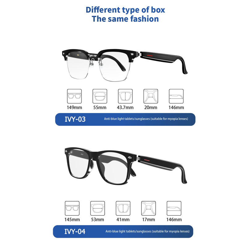 IVY TWS Smart Bluetooth Audio Glasses - Blue Light Blocking & Sunglasses Lens kits for Office Outdoor Sports Drive - Smart Glasses for Men & Women - Transparent Frame