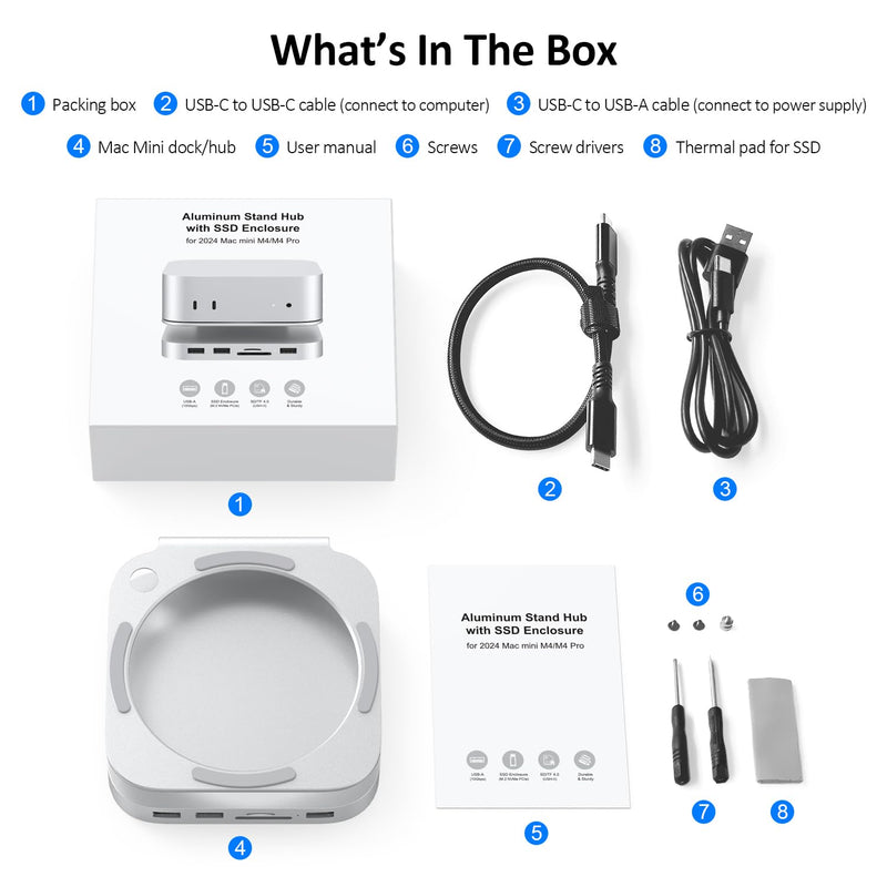 Akyyajaure Mac mini Hub: 9 in 1 Aluminum Stand & Dock for Mac mini M4 Pro with M.2 NVMe SSD Enclosure, 10Gbps USB-A*2, SD/TF Card Readers, USB 2.0 MC60