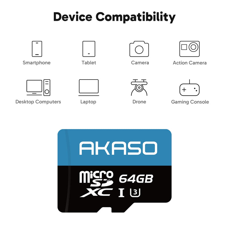 AKASO 64GB microSDXC U3 Memory Card - Up to 100MB/s, UHS-I C10, U3, Full HD, 4K UHD, MicroSD Card
