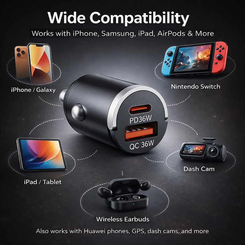 USB C Car Charger Fast Charging, 36W Dual Port Car Charger Adapter, PD 36W USB C & QC USB A, Mini Aluminum Car Charger for iPhone 17/16/15, Samsung, Huawei, iPad, AirPods