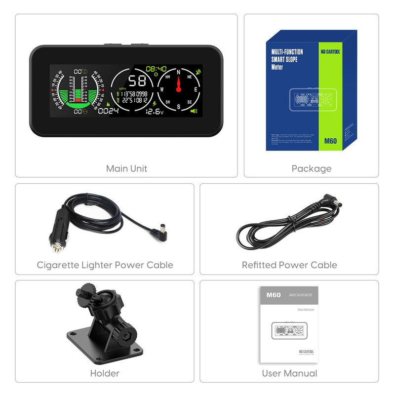 M60 Car Inclinometer for Off-Road SUV Vehicles, MPH KMH GPS Speedometer with Compass, Multifunctional Digital HUD Level Tilt Gauge Angle Slope Meter with Coordinate Display M60