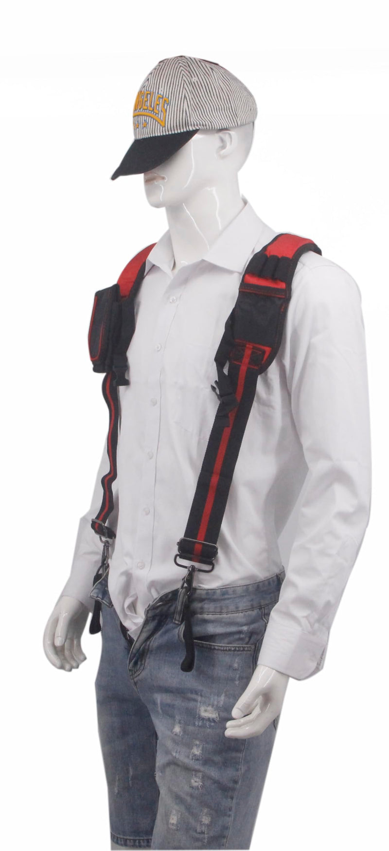 Heavy Duty Tool Belt Suspenders for Men 3 Point Padded Suspenders with Attachment Loops for Men Red Stripe