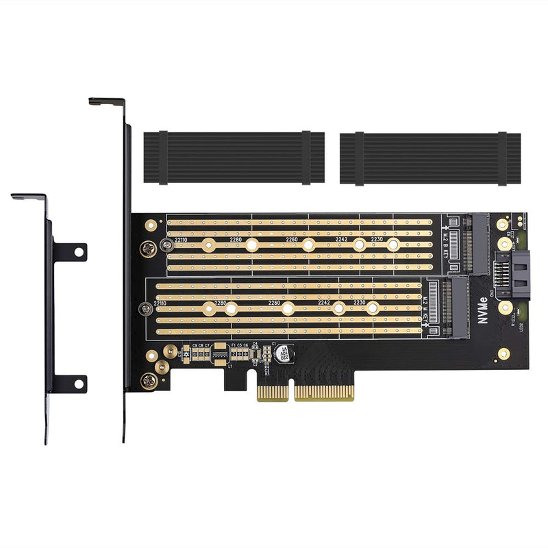 Dual M.2 PCIE Adapter for SATA or PCIE NVMe SSD with advanced heat sink solution,M.2 SSD NVME (m key) and SATA (b key) 22110 2280 2260 2242 2230 to PCI-e x 4 Host Controller Expansion Card