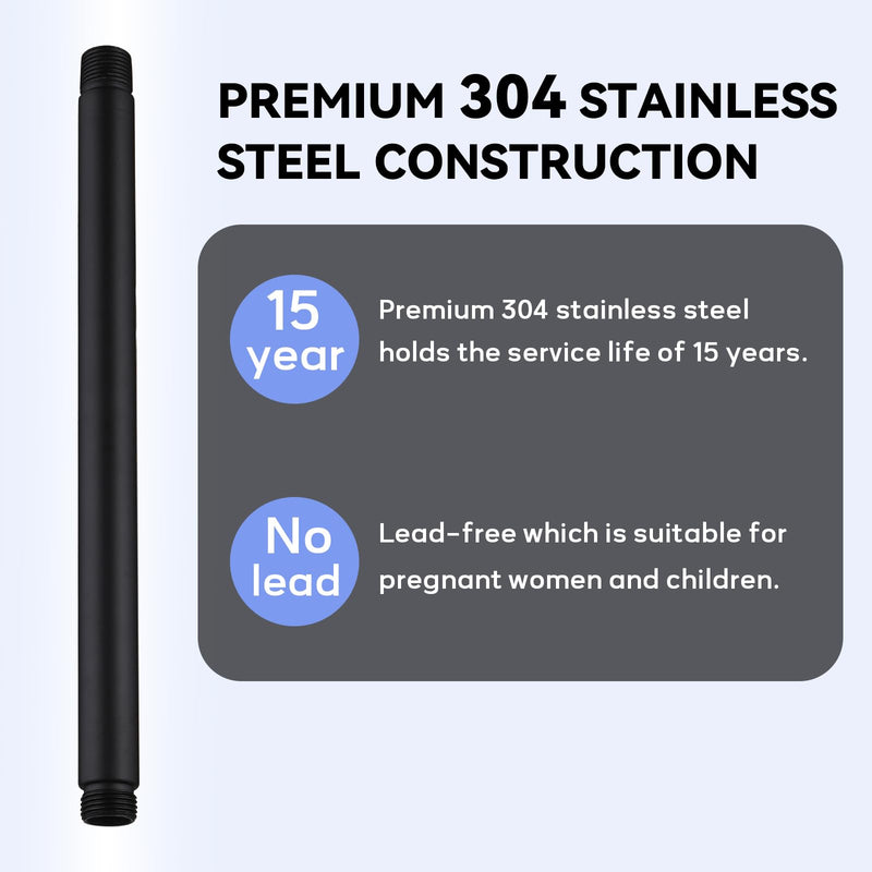 12 Inch Ceiling Mounted Shower Arm with Large Flange, Matte Black, Made of 304 Stainless Steel, Straight Shower Arm for Morden Bathroom 12 Inch